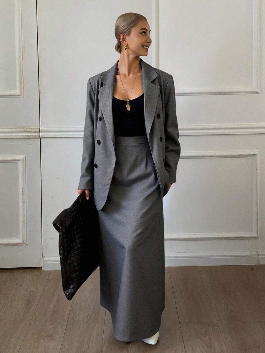 Livesso Bộ vest thường ngày vest blazer tay dài ve rộng màu trơn và chân váy chữ A cho nữ, thu/đông - Xám - Xem 1