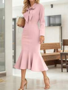 Women's Elegant Formal Midi Dress With Mermaid Hem & Curve-Hugging Fit, Perfect For Date, Dinner Party, Office, Christmas & New Year Evening Gown Party Dress For Fall Winter - Dusty Pink - View 5