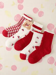 5双儿童袜子秋冬红色中筒袜冬季宝宝新年袜子可爱小熊甜美蕾丝袜时尚樱桃图案设计适合日常或节日穿着