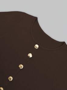 复古时尚金属纽扣前开纯色长袖圆领薄开衫，修身优雅简约休闲针织毛衣，适合女士，春秋冬 - 棕色 - 查看 5