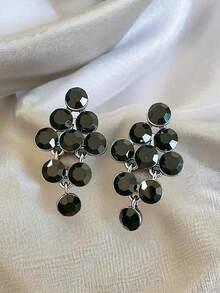 新款优雅奢华黑水晶耳钉，时尚小葡萄闪亮耳环，高端大气的耳环 - 黑色 - 查看 6