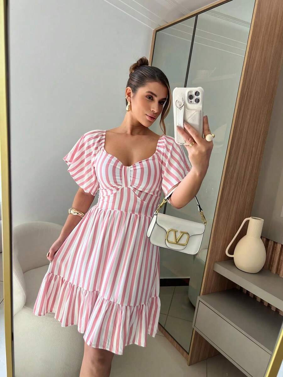Women's Striped Short Dress With Puff Sleeves And Ruffles - Casual And Elegant Summer Fashion. Ruched Ruffle Hem - Pink - View 1