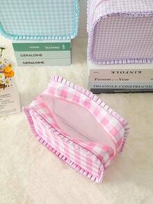 Personalized Embroidered Makeup Bag For Girls, Custom Name Gingham Toiletry Pouch With Cute Ruffle Trim, Soft Pastel Travel Cosmetic Organizer, Lightweight Large Capacity Storage Bag, Ideal Gift For Friends, Bridesmaids, Or Christmas