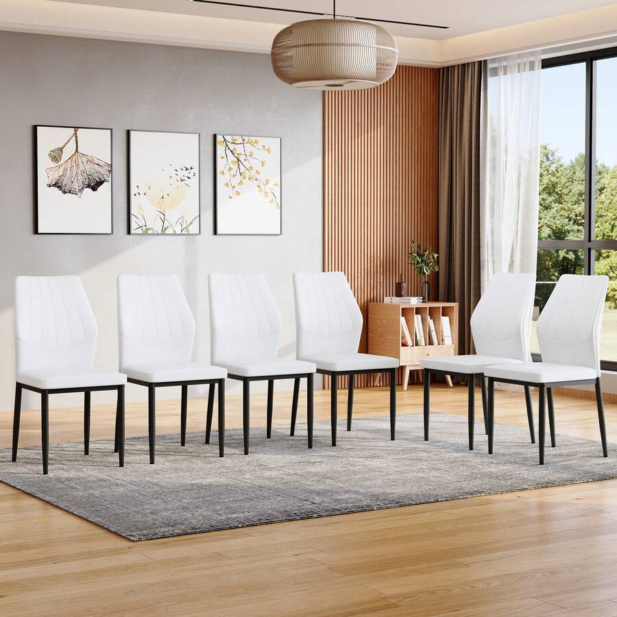 MUUOKY Modern Dining Chair Set Of 6, Faux Leather Upholstered Dining Room Chairs With High Back And Sturdy Metal Legs, Armless Kitchen Chairs With Comfortable Padded Seat, Perfect For Dining Room, Kitchen, Living Room, Or Apartment, Easy To Clean And Assemble, Ideal For Holiday Meals, Thanksgiving, Christmas And Home Decor - 白色+黑色 - 查看 1