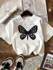 Camiseta gráfica de moda para hombre con estampado de mariposas de lunares, tela de algodón de alta calidad, cómoda de llevar, adecuada para ropa informal, diseño único para agregar brillo a su guardarropa, elección de regalo perfecta, tamaño extragrande. - Blanco - Ver 2
