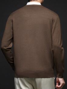 Men's V-Neck Solid Color Thick Knit Sweater, Straight Fit, Autumn/Winter - Coffee Brown - View 7