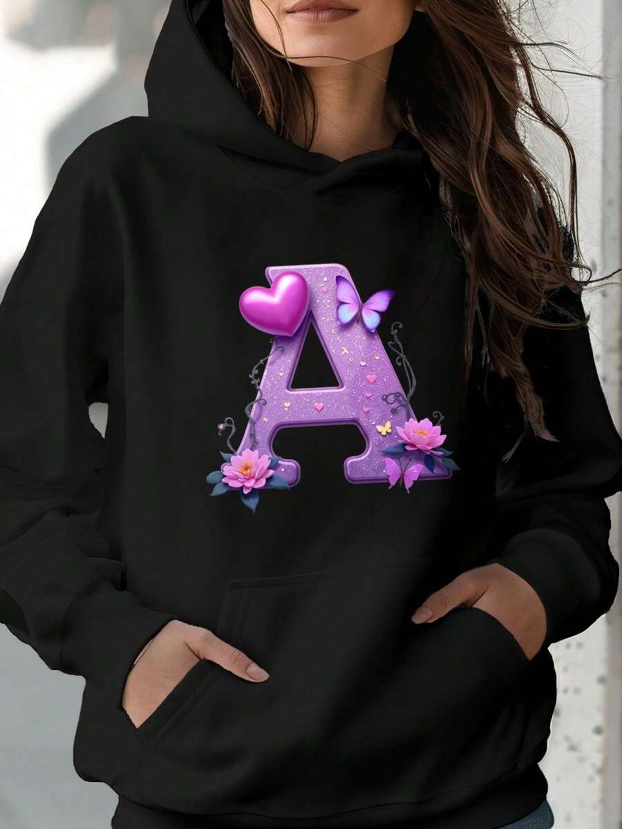 Women's Graphic Printed Casual Hoodie With Pocket Purple Heart Butterfly Flowers Letter Winter Fall Cloth For Women Autumn - 黑色 - 查看 1