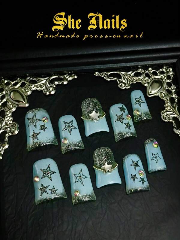 DIY 10pcs Summer New Orange Nails French Nails. 3D Carved Flowers, Pearl, Shell Starfish Decoration Medium Long Almond Shaped Handmade Press On Arylic Nails.