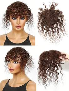 Tóc giả kẹp mái màu nâu nhạt, sóng nước ngắn, xoăn, có mái, dài 8-10 inch, làm từ tóc thật, tóc giả kẹp mái màu nâu nhạt số 4, tóc giả liền mạch vô hình, dùng hàng ngày cho nữ - S4 - Xem 2