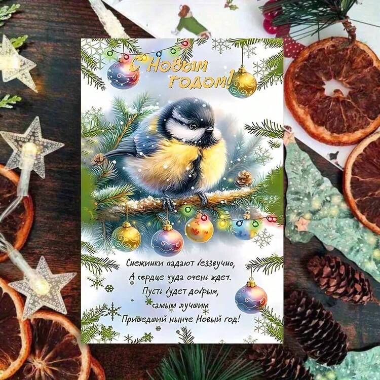 1pc "Bird New Year Cheer" Greeting Card With Envelope - Festive Bird & Ornaments Theme Card For New Year Greetings, Expressing Heartfelt New Year Cheers, Perfect For Pals & Nature Enthusiasts, New Year Keepsake Gift - Multicolor - View 2