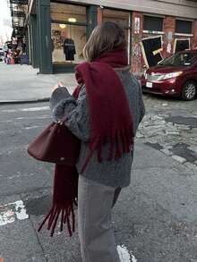 1pc Thick Solid Color Fluffy Tassel Scarf, Warm Wool Scarf For Women, Fashionable Cold-Proof Couple Shawl, Soft & Comfortable Blanket Scarf, Suitable For Daily Wear In Autumn/Winter For Dress - Burgundy - View 4