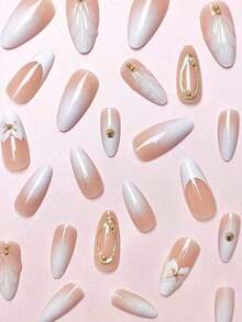 24pcs/Set French Almond Shaped White Tie Dye Base Color Unique 3D Flower Shell & Golden Pearl Decor Full Cover Press-On Fake Nails, Ideal For Ladies & Girls Party, Date, Vacation, Wedding Bride(Random Delivery) - Ngẫu nhiên - Xem 3