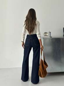 Women's High Waisted Dark Wash Wide Leg Jeans With Zipper And Pockets Long Slight Stretch Fabric For Everyday Style - Navy Blue - View 2