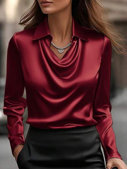 Elegante blusa de satén con cuello en V - Blusa de manga larga con estilo para mujeres, adecuada para uso casual y oficina sofisticada, tela de seda para otoño