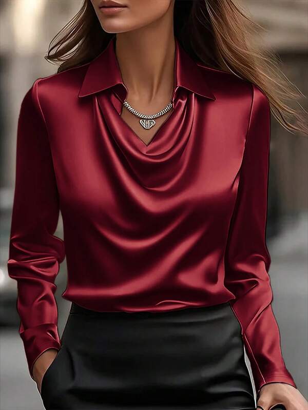 Elegant Satin V - Neck Shirt - Stylish Long - Sleeve Blouse For Women, Suitable For Casual & Sophisticated Office Commute Silk Fabric Fall Shirt