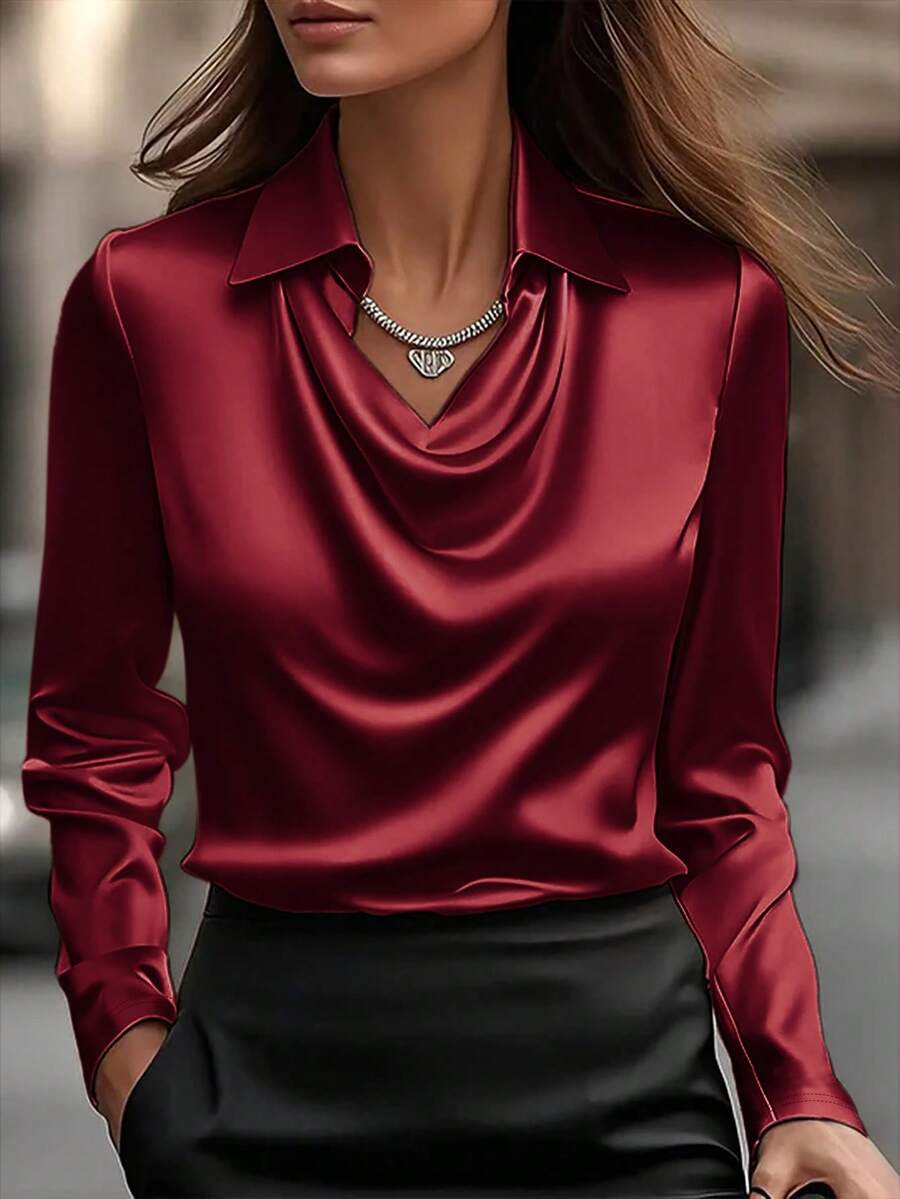 Elegant Satin V - Neck Shirt - Stylish Long - Sleeve Blouse For Women, Suitable For Casual & Sophisticated Office Commute Silk Fabric Fall Shirt