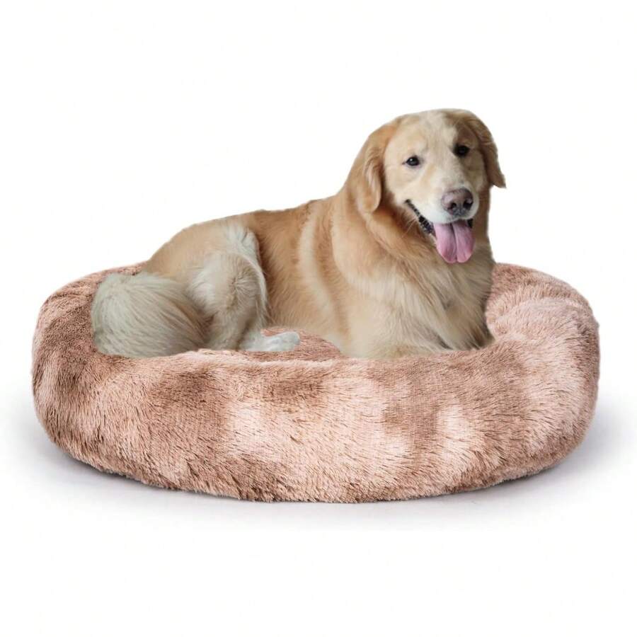 Oval Calming Donut Cuddler Dog Bed, Shag Faux Fur Washable Round Pillow Pet Bed For Small Medium Dogs (XXL(43"X34"X8"), Light Brown), Popular In 2025 - Beige2021 - View 1