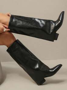 2025新款黑色尖头修身高筒靴复古马术风百搭时尚靴子舒适筒靴欧美女靴 - 黑色 - 查看 5