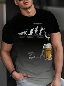 Men Black Background Ombre Color Block Beer Cup & Day Of Week Print Casual Fashionable Versatile Short Sleeve T-Shirt, Emo - Black - View 3