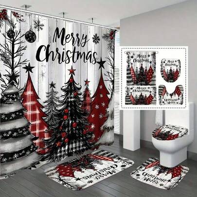 مجموعة ستارة الحمام لعيد الميلاد 1/3/4 قطع: عالم الشتاء الساحر باللون الأحمر والأبيض والأسود - تشمل 12 خطاف، بساط الحمام وغطاء المرحاض على شكل حرف U - مثالية لديكور حمام عيد الميلاد، ديكور المنزل، ديكور العطلات