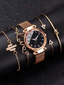 5pcs/Set Fashionable Women's Starry Sky Watches, Minimalist Popular Magnetic Steel Band Quartz Watch Set - Multicolor - View 2