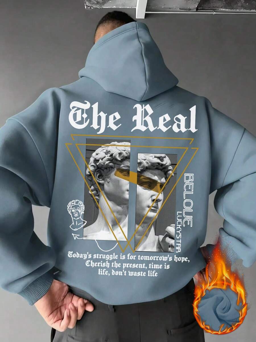 Krometka 男士宽松黑色基础款连帽衫，几何印花设计，休闲秋冬款 - 淺藍色 - 查看 1