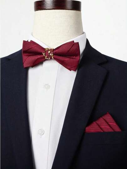 1pc Fashionable Men's Metal Branch Design Bow Tie, Suitable For Groom's Wedding, Party And Formal Occasions Suit Accessory, Striped Black Bow Tie, Street Style