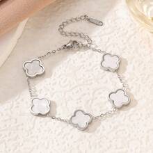 1 件时尚优雅不锈钢四叶草和珍珠母银手链，高端花卉珠宝礼物，适合送给女朋友 - 銀色 - 查看 9