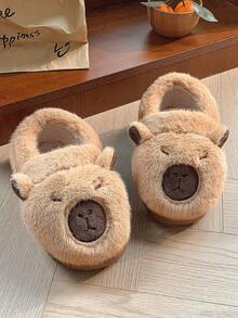 1 双可爱卡通水豚毛绒拖鞋，适合冬季的平底室内拖鞋，适合男孩和女孩 - 棕色 - 查看 5