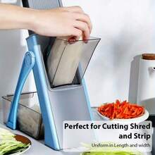 [5 In 1] Multifunctional Vegetable Cutter, Manual Fruit Cutter With Adjustable Stainless Steel Blade, Foldable Design, Large Capacity 1-10L, ABS Material, With Container, Onion Chopper For Chopping, Slicing, Removing, Dicing - 藍色 - 查看 6