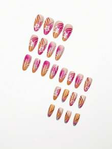 Add A Touch Of Romance With 24 Pieces Of Medium To Long Pressed Nails, Pink Orange Gradient Blend Almond Nails, White And Blue Flowers, Asymmetrical Lines, Polka Dots, Flame Pattern Design, Fresh, Sweet, Gentle, Elegant, Ins Style Full Set Of Pressed Fake Nails, Suitable For Girls And Women's Vacations, Gatherings, Parties, Holiday Daily Wear, Autumn And Winter Nail Supplies