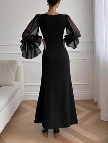 Solid Color Elegant High Slit Thigh Mesh Patchwork Zipper Formal Evening Gown Wedding Black Spring Party - Black - View 3