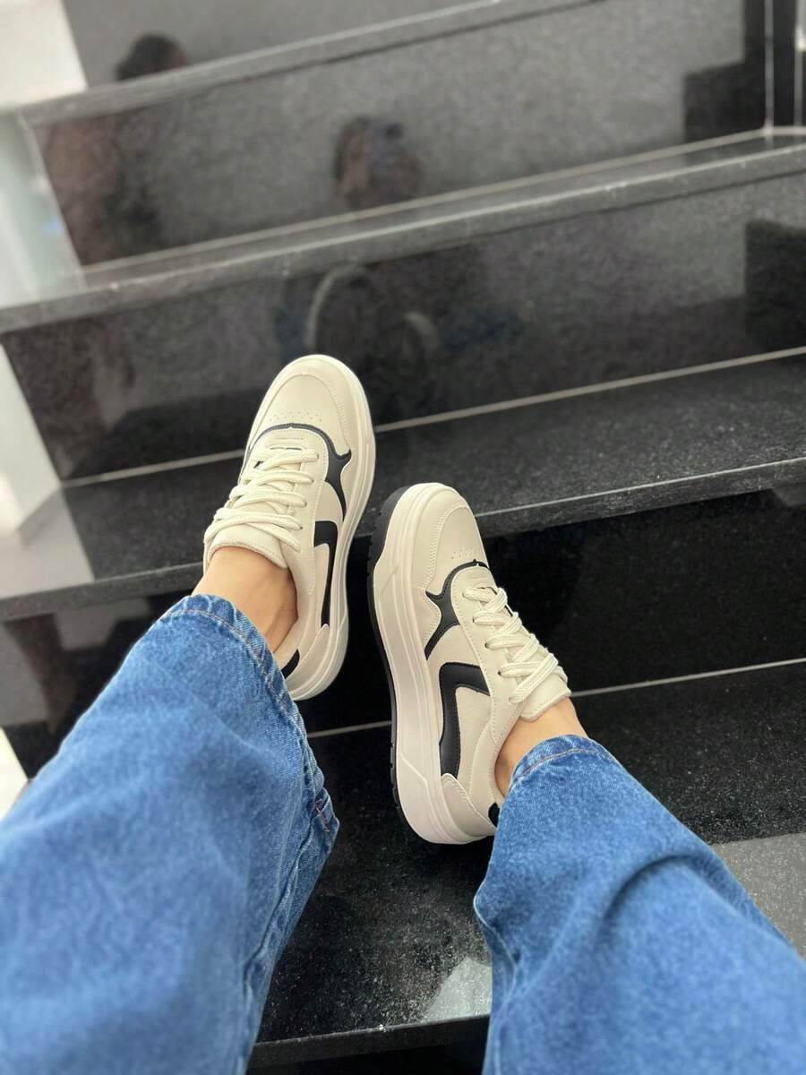 Women's Casual Sneakers: Style And Comfort, Platform, Birthday, Back To School - Màu be và đen - Xem 1