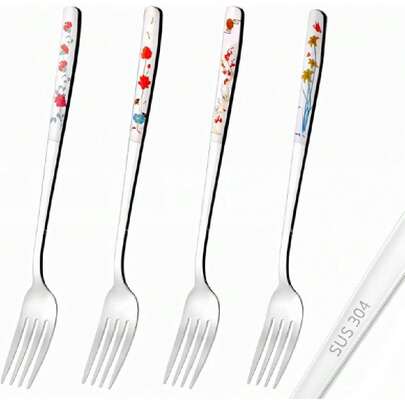 4Pcs 8" Korean Forks 18/10 Stainless Steel Forks Silverware Flatware Louise Kitchen Salad Dessert Fork With Flower Pattern For Dinner Cutlery Home Restaurant, Mirror Finish, Dishwasher ,24634695