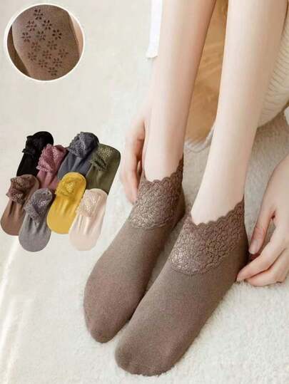 女士保暖加厚袜，多功能蕾丝边踝袜，隐形蕾丝踝袜，秋冬季舒适睡袜