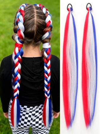 26Inch Halloween Kids Extension Red+White+Blue Colorful DIY Braiding Hair Extensions Synthetic Long Yaki Straight Heat Resistrant Fluffy Ponytail Extension For Girls Hair Accessories