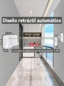 Cordón para Tender Ropa Retráctil de Acero Inoxidable, 2 Líneas Ajustables de 5.2 Metros, Soporta 25 Kg, Ideal para Interior y Exterior, Uso en Baño, Balcón y Jardín - Plateado - Ver 4