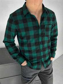 男士休闲拼接格子长袖衬衫，圣诞礼物 - 綠色 - 查看 6