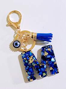 26pcs Bohemian Style Gemstone Blue Resin Letter Keychains, Bag Charms With Evil Eye And Tassel Decor, Holiday/Birthday Party Favors Christmas Gift Car Accessories Teacher Friend Sister Gift Ideas - Royal Blue - View 12