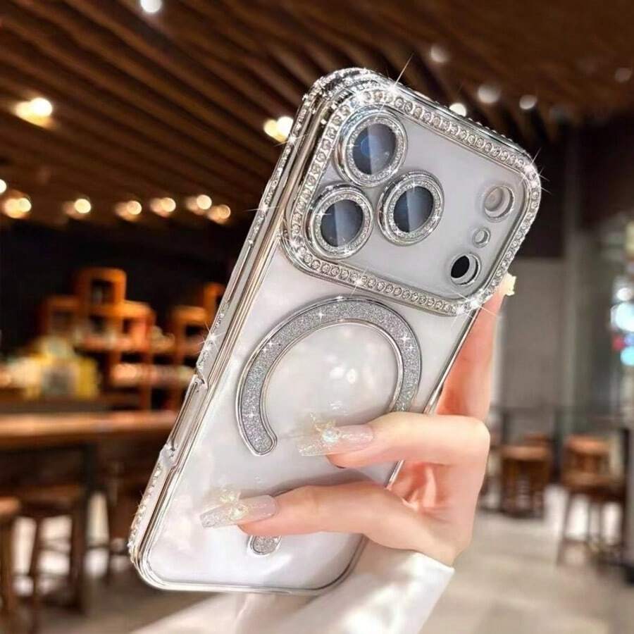 Funda de teléfono con diamantes de imitación chapada en oro premium y magnética, compatible con iPhone 17 Pro Max, 16, 15, 14, 13, 12, 11 Pro, incluye protector de lente de cámara y cubierta de carga inalámbrica