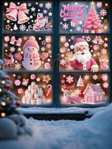 一套4张粉色圣诞静态窗贴，共53种图案，包含粉色圣诞老人、雪花、铃铛、房屋、糖果等图案，可自由搭配DIY。适用于圣诞主题的窗户和玻璃贴。 - 彩色 - 查看 7