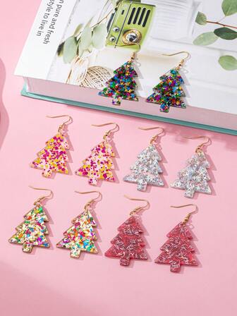 1 Pair Minimalist Elegant Acrylic Sequin Christmas Tree Shaped Earrings, Suitable For Women Holiday Wear