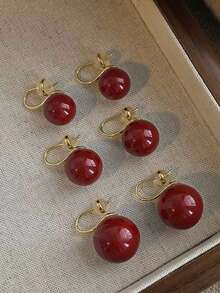 3 Pairs Retro Elegant Chic Minimalist High-End Geometric Burgundy Faux Pearl Ball Stud Earrings Set, Suitable For Women's Daily, Commute, Holiday, Party Wear