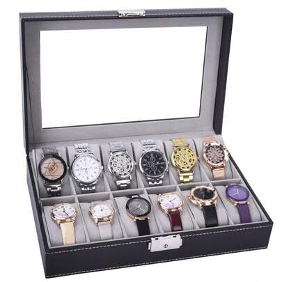 Caja organizadora y estuche para relojes Redlemon con 12 soportes y almohadillas, organizador de joyas, interior de piel sintética y terciopelo, caja de exhibición con tapa de vidrio y cerradura de  en la parte posterior, almacenamiento para la vuelta al colegio y el dormitorio