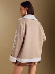 Simplee Women's Spring New Delicate Embroidered Suede Jacket, Front Button Closure, Long Sleeve - Light Beige - View 9