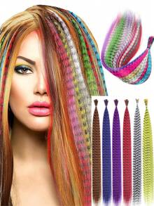 带接发工具的羽毛假发 Y2K 风格红紫蓝绿渐变色长直发假发合成羽毛接发，适合女性女孩日常派对万圣节圣诞节节日彩色假发 - 彩色 - 查看 5
