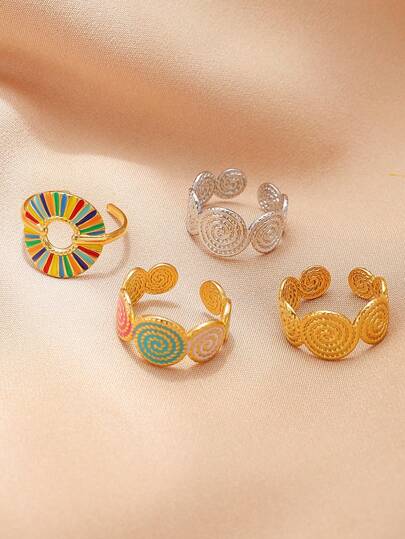 1pc Fashionable Stainless Steel Colorful Painted Spiral Round Ring, Suitable For Women's Daily Wear