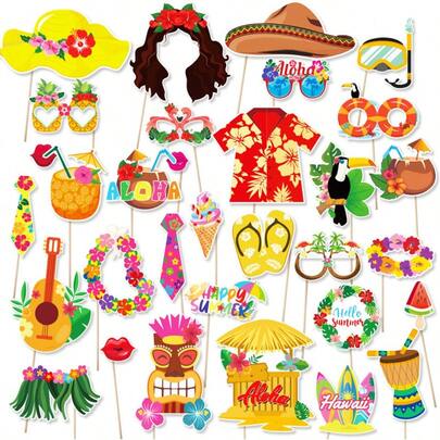30 piezas Conjunto de accesorios de estudio de fotografía Luao, tema tropical hawaiano para cumpleaños, decoración de playa de verano, piscina, recuerdos de fiesta y decoraciones de fiesta con tema de animales salvajes y bosque