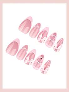 24pcs Medium Almond Press On Nails Pink French Tip Nails With Bowknot Pearls Design Sweet Style For Women Girls Fake Nails Art Daily Dating Office Home Party