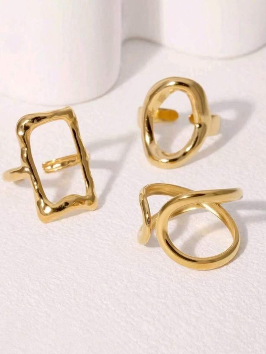 3pcs Minimalist Asymmetrical Geometric Hollow Stainless Steel 18K Gold Plated Adjustable Ring Set, Ins Style For Women - Gold - View 1